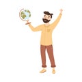 Bearded Man Geography School Teacher or Educator Holding Globe Vector Illustration