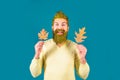 Bearded man are getting ready for autumn sale. Fall concept. Leaf fall. Autumn leaves. Autumn and leaf fall dreams.