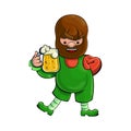 A bearded man with a glass of foamy beer. Static figure in a green suit. Cartoon character. Vector illustration Royalty Free Stock Photo