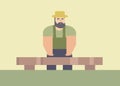 Bearded man with hat standing behind park bench. Casual urban male character outdoors. Simplistic style people vector