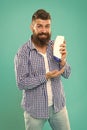 Bearded man with healthy hair. Cosmetic for spa bath. beard hair care grooming. male beauty. self hygiene. good morning Royalty Free Stock Photo