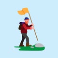 Bearded man hiking with backpack and holding flag in mountain in cartoon flat illustration vector