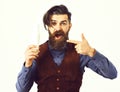 Bearded man holding bottle of kefir with happy face Royalty Free Stock Photo
