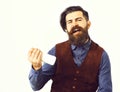 Bearded man holding bottle of kefir with happy face Royalty Free Stock Photo