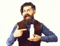 Bearded man holding bottle of kefir with happy face Royalty Free Stock Photo