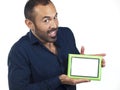 Bearded man holding empty green picture frame Royalty Free Stock Photo