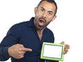 Bearded man holding empty green picture frame