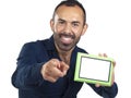 Bearded man holding empty green picture frame