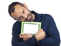 Bearded man holding empty green picture frame