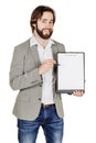 Bearded man holding a folder of document and pointing his pen at Royalty Free Stock Photo