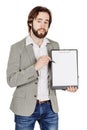 Bearded man holding a folder of document and pointing his pen at Royalty Free Stock Photo