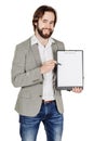 Bearded man holding a folder of document and pointing his pen at Royalty Free Stock Photo