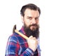 Bearded man holding hammer on white