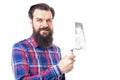 Bearded man holding used masonry tool isolated on white