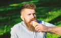 Bearded man with ice cream cone. Man with long beard eats ice cream, while sits on grass. Man with beard and mustache on