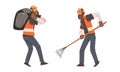 Bearded Man Janitor Wearing Orange Vest Carrying Bag with Garbage and with Rake Vector Set