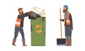 Bearded Man Janitor Wearing Orange Vest Gathering Garbage in Dustbin and Standing with Shovel Vector Set