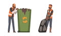 Bearded Man Janitor Wearing Orange Vest Gathering Garbage Vector Set