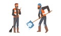 Bearded Man Janitor Wearing Orange Vest Shovel Away Snow and Sweeping Ground with Besom Vector Set