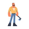 Bearded Man Logger or Lumberjack in Checkered Shirt with Axe Vector Illustration