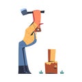 Bearded Man Logger or Lumberjack in Checkered Shirt Chopping Wood with Axe Vector Illustration