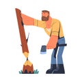 Bearded Man Logger or Lumberjack in Checkered Shirt Cutting Tree Trunk with Saw Vector Illustration