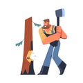 Bearded Man Logger or Lumberjack in Checkered Shirt Cutting Tree Trunk with Saw Vector Illustration