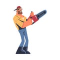 Bearded Man Logger or Lumberjack in Checkered Shirt and Goggles with Saw Vector Illustration