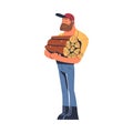 Bearded Man Logger or Lumberjack in Checkered Shirt Holding Pile of Log Vector Illustration