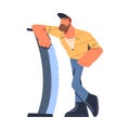 Bearded Man Logger or Lumberjack in Checkered Shirt Leaning on Saw Vector Illustration