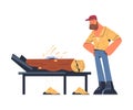 Bearded Man Logger or Lumberjack in Checkered Shirt Sawing Log Vector Illustration