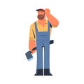 Bearded Man Logger or Lumberjack in Checkered Shirt Standing with Axe Vector Illustration