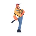 Bearded Man Logger or Lumberjack in Checkered Shirt Standing with Log and Axe Vector Illustration