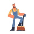 Bearded Man Logger or Lumberjack in Checkered Shirt Standing on Tree Stump with Axe Vector Illustration