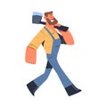 Bearded Man Logger or Lumberjack in Checkered Shirt Walking with Axe Vector Illustration