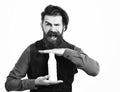 Bearded man holding bottle of kefir with happy face Royalty Free Stock Photo