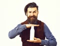 Bearded man holding bottle of kefir with happy face Royalty Free Stock Photo