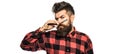 Bearded man, long beard, brutal, caucasian hipster with moustache. Vintage straight razor. Mens haircut in barber shop Royalty Free Stock Photo