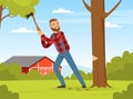 Bearded Man Lumberjack or Woodman in Red Checkered Shirt with Ax Chopping Tree Trunk Vector Illustration