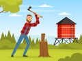 Bearded Man Lumberjack or Woodman in Red Checkered Shirt with Ax Cutting Wood Vector Illustration