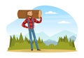 Bearded Man Lumberjack or Woodman in Red Checkered Shirt Carrying Log on His Shoulders Vector Illustration