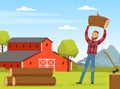 Bearded Man Lumberjack or Woodman in Red Checkered Shirt Holding Log Vector Illustration