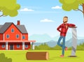 Bearded Man Lumberjack or Woodman in Red Checkered Shirt with Saw Standing on Green Lawn with Log Vector Illustration