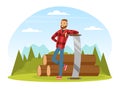 Bearded Man Lumberjack or Woodman in Red Checkered Shirt with Saw Standing Near Piled Logs Vector Illustration