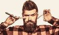 Bearded man, bearded male. Portrait of stylish man beard. Barber scissors and straight razor, barber shop. Vintage Royalty Free Stock Photo