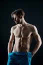 Bearded man with muscular torso, health. macho with fit bare chest and belly muscles, fitness. Sportsman with six pack,