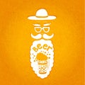 A bearded man with a mustache, glasses and a stylish hat. Typographic composition in his beard. The stylized face with a beard.