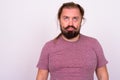 Bearded man with mustache and long hair against white background