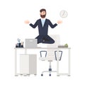 Bearded man or office worker dressed in business suit sitting crossed legs, levitating over its workplace desk and Royalty Free Stock Photo