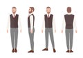 Bearded man or office worker in elegant business outfit with waistcoat. Friendly male cartoon character isolated on